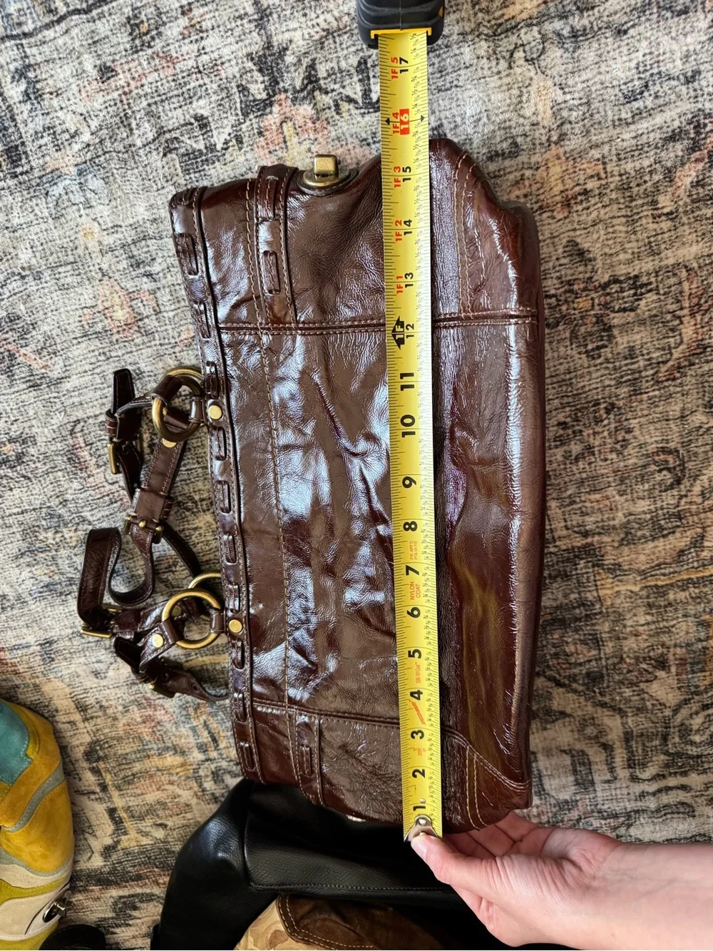 Coach Brown Leather Shoulder Tote with Floral Charm